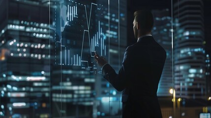 Skilled male leader explain statistic graph to expert investors Smart businessman presenting shows financial plans expert to investors on glass wall at night office Business concept Tr : Generative AI
