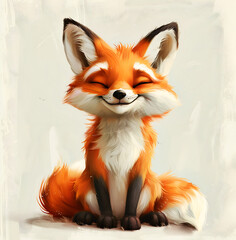 Obraz premium Cute fox, smiling and sitting on the ground on white background