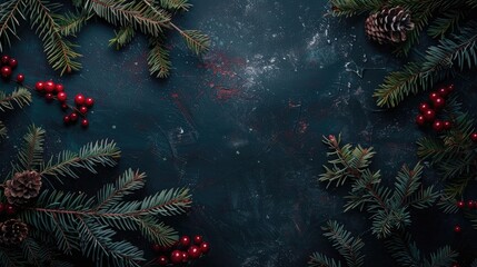 Background for Christmas and New Year with dark winter theme berries and fir branches Top view with space for copy