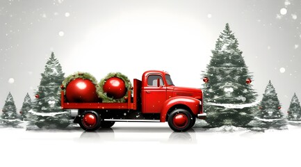 A christmas car driving down snowy road with christmas tree on top