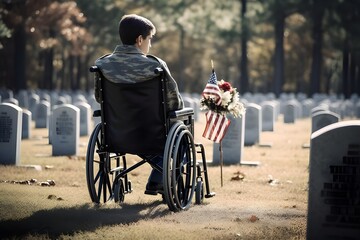 A man in a wheelchair is sitting in a cemetery