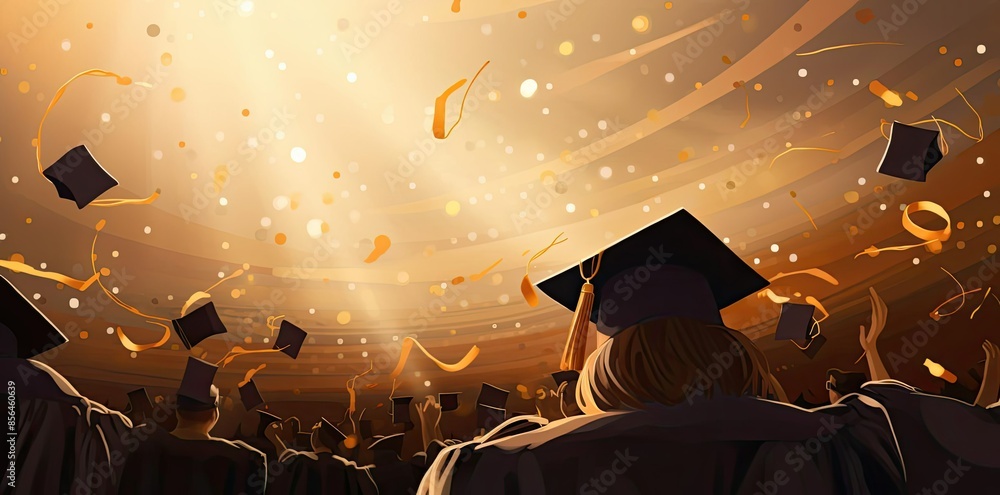 Wall mural graduation background with a group of people flying in the air