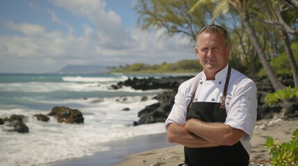 In between cooking segments the chef takes a stroll along the shore pointing out unique spots where viewers could set up their own beachfront kitchen.