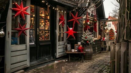 Naklejka premium Front of vintage Christmas store with red stars of Bethlehem decorations in typical traditional Dutch windmill at Winter Fair Netherlands : Generative AI