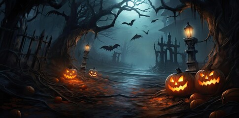 halloween desktop backgrounds featuring a spooky forest with orange pumpkins, a lit lantern, and a black bird perched on a branch