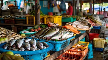 Fototapeta premium A Fresh Catch Display at Sabah Fishing Market : Generative AI