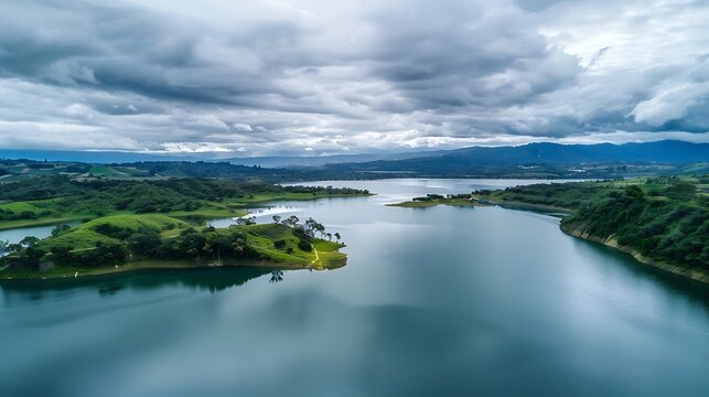 Aerial view of Embalse de Tomin in Guatavita Cundinamarca Showcasing serene water lush greenery and cloudy skies : Generative AI
