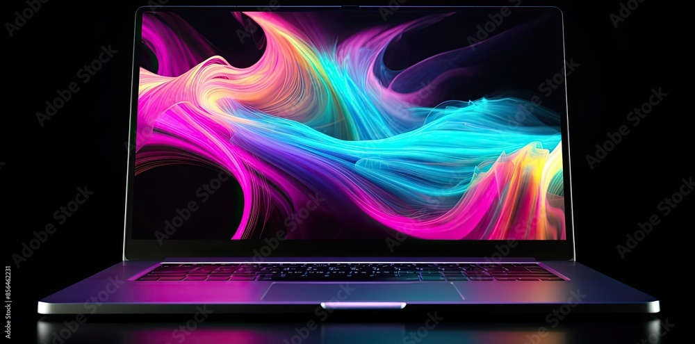 Poster laptop computer backgrounds in the dark a laptop computer sits on a table, surrounded by a black key