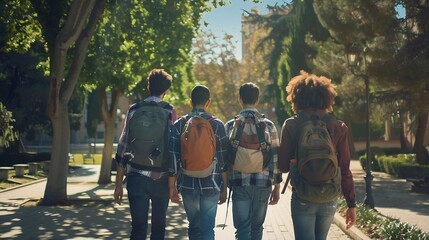 Fototapeta premium Group of five students with backpacks walking at university campus together rear view of multiethnic young people going to classes diverse college friends spending time outdoors after : Generative AI