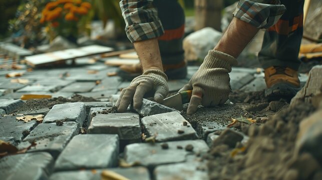 Caucasian Landscaping Worker in His 40s Building Backyard Garden Granite Bricks Path Residential Landscaping Industry : Generative AI