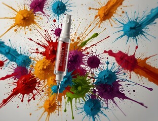 world Immunization Week, April 24-30 , vaccine syringe on colorful splash white background, Immunization awareness month card banner portrait