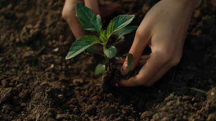 Womans hands plant seedlings in the soil Young plant growth of new life Ecology World environment protection concept Tu Bishva : Generative AI