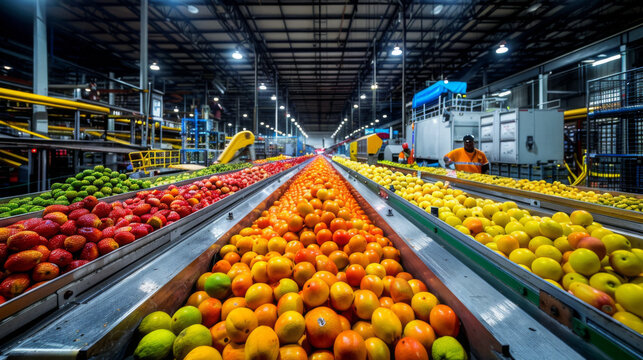 Conveyor belts filled with various fresh fruits in a large industrial warehouse, highlighting the food sorting process.