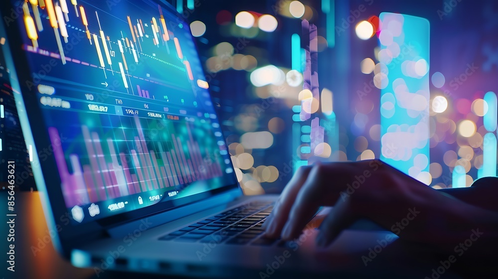 Poster computer screen stock market and business person reading typing or work on ipo equity trade analytic