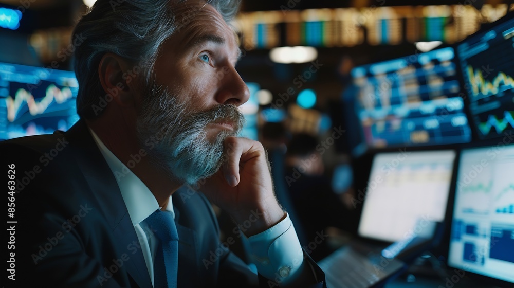Poster portrait of a middle aged man working on the floor in a modern stock exchange firm specialist monito