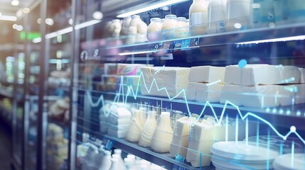 Refrigerated dairy products display with an overlay of rising financial graphs symbolizing market price trends in the dairy industry : Generative AI