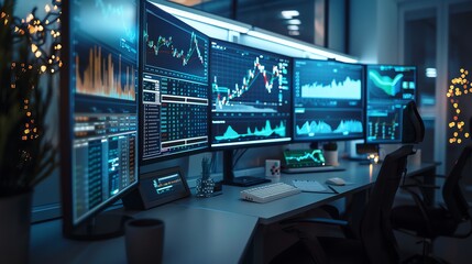 Magazine-style photo of a modern financial analyst workspace, multiple screens displaying live stock market data and statistical analysis, elegant and clean setup, with business people