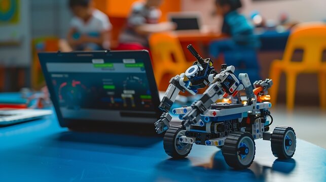 Robotics programming class Children construct and code Robot STEM education using constructor blocks and laptop remote control joystick Technology educational development for school ki : Generative AI