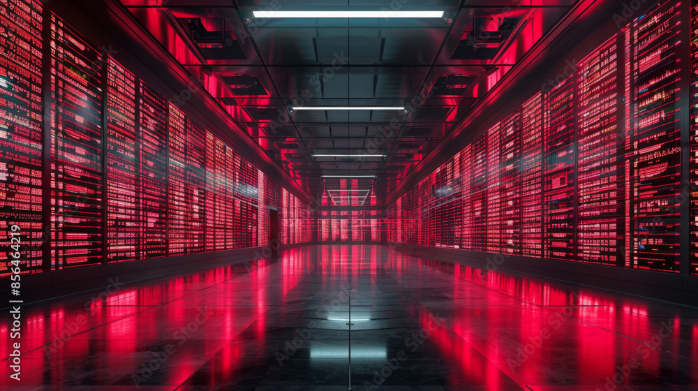 Poster data center interior with red lighting illuminating rows of server racks in a high-tech environment.