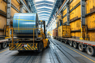 Naklejka premium A forklift transports a large metal coil inside a spacious, industrial warehouse, showcasing heavy-duty logistics and material handling.