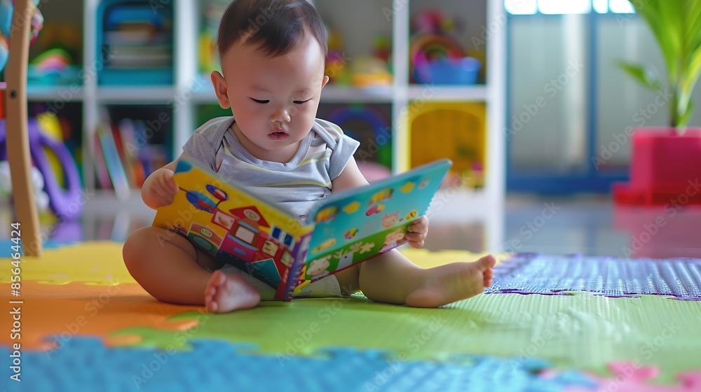 Aufkleber infant sitting on a playmat and reading a coloful childrens book toddler boy enjoying a book at nurs