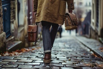 Person walking down cobblestone street carrying two suitcases on travel business trip in old town setting