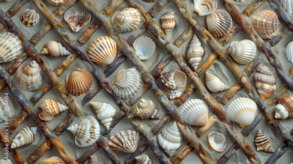 Poster an intricate lattice forms the backdrop for a scattering of seashells in a seamless pattern