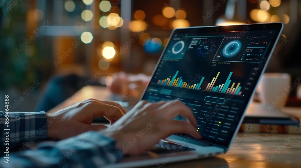 Aufkleber Businessman works on laptop Showing 2024 business trends dashboard with charts metrics  AI Ecommerce KPI analytical businessperson planning business growth 2024 New Year Future busines : Generative AI