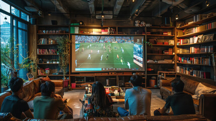 Fototapeta premium Group of friends enjoying a soccer match on a large screen in a cozy living room setting.