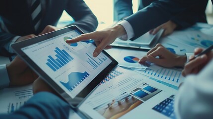 Successful business team analyzing sales statistics and planning project for revenue growth in corporate office : Generative AI