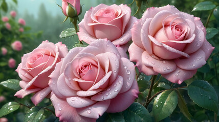 Beautiful pink roses with water drops on petals, generative Ai