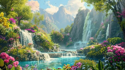 Blooming Paradise: Idyllic Eden Garden with Flowers, Rivers, and Waterfalls