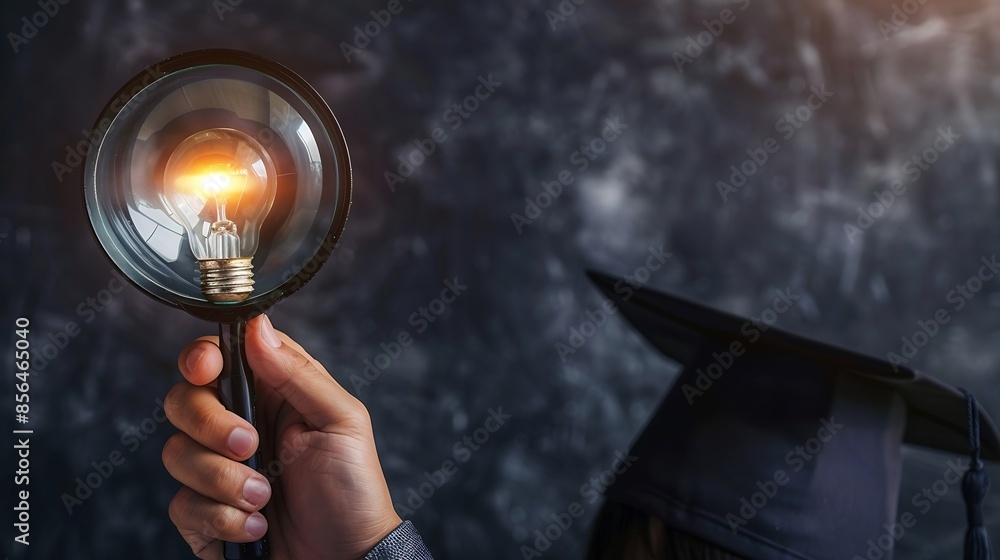 Aufkleber hand holding magnifier with lightbulb graduation hat inside education course degree concept internet