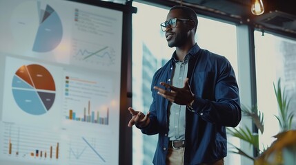 Corporate Event Black Male Marketing Director Giving Presentation To Colleagues or Investors In Conference Room Of Innovative Startup Office African Man Talking About Advertising Chann : Generative AI
