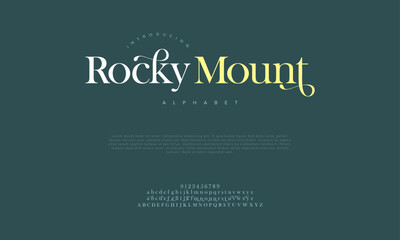 Rockmount premium luxury elegant alphabet letters and numbers. Vintage wedding typography classic serif font decorative vintage retro. creative vector illustration