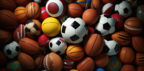 sports background featuring a variety of colorful balls, including orange, brown, black, yellow, and white, arranged in a row from left to right