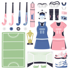Field hockey equipment collection. Female professional sport inventory set. Sportswear and regimentals elements. Various grass hockey stick sizes. Team outdoor game hand drawn flat vector illustration