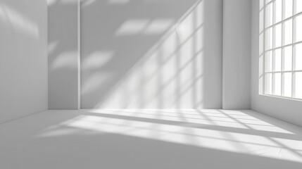Fototapeta premium Abstract white 3d studio background for cosmetic product presentation Empty grey room with shadows of window Display product with blurred backdrop : Generative AI