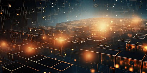 technology background  a cityscape featuring a towering skyscraper, a bustling street, and a bustling river