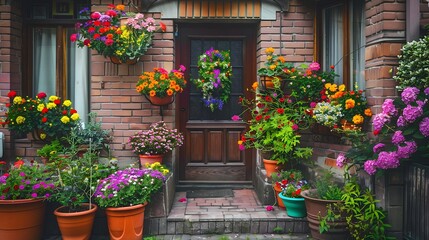 Naklejka premium Entrance to a home through a beautiful garden with colorful flowers Plants and flowers in pots on a doorstep leading to entrance of a house Front of a house with Garden design Nobody s : Generative AI
