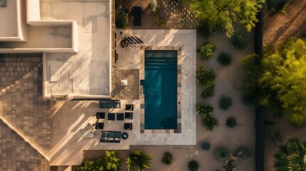 An aerial view of a desert landscaped backyard in Arizona featuring a travertine pool deck and fireplace : Generative AI