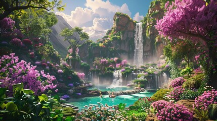 Fototapeta premium Magical Paradise Land: Idyllic Eden Garden with Flowers, Rivers, and Waterfalls