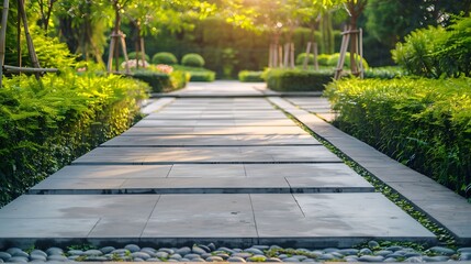 Modern garden design or landscapingPedestrian overpass bridge or walkway made of concrete paving slabs with gaps permeable to watervegetatedenvironmental sustainable ecology nature pro : Generative AI