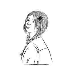 Sketch of a girl student with high school uniform and tied hair