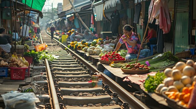 Maeklong Railway Market Thailand Fresh Market on the Railroad Track Mae Klong Train Station Bangkok a famous railway market in Thailand : Generative AI