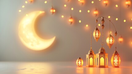 Islamic decoration background with crescent moon, lantern cartoon style, ramadan kareem, eid al fitr, copy space text area, 3D illustration, banner, podium