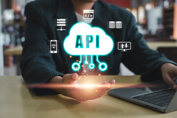 Visual representation of API concept showcasing cloud technology, data integration, and modern software development.