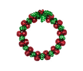 Red and green Christmas wreath made of jingle bells isolated cutout on transparent