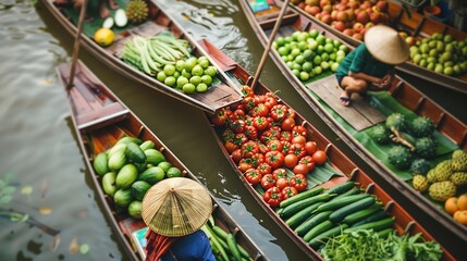 Fototapeta premium Farmers row boats at the floating market selling local Thai food Organic vegetables and fruits and Thai tourism culture concept The famous Damnoen Saduak Floating Market of Ratchaburi : Generative AI
