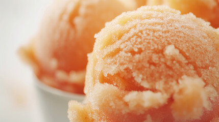 Artisanal peach sorbet, a closeup of artisanal peach sorbet, its soft orange hues and frosty texture showcased against a white background
